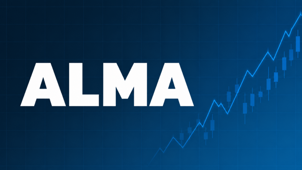 ALMA移動平均線を解説する記事のアイキャッチ、ダークネイビー背景に「ALMA」の文字とブルーのグラフ装飾
