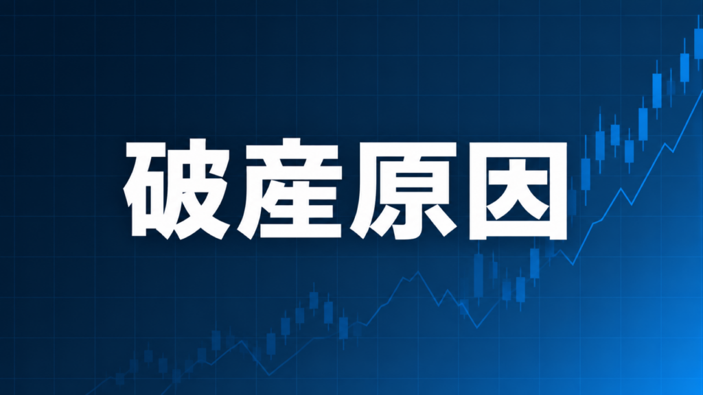 FXの破産原因を解説する記事のアイキャッチ、ダークネイビー背景に「破産原因」の文字とブルーのグラフ装飾