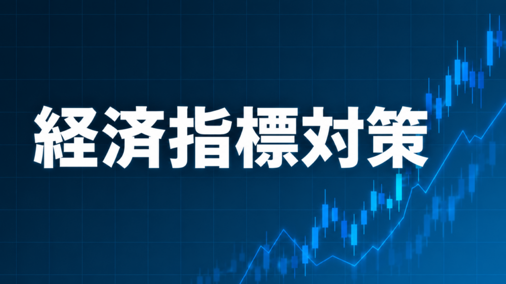 経済指標発表時のEA対処法を解説する記事のアイキャッチ、ダークネイビー背景に「経済指標対策」の文字とブルーのグラフ装飾