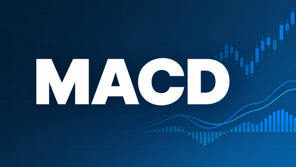 MACDを解説する記事のアイキャッチ、ダークネイビー背景に文字とブルーのグラフ装飾