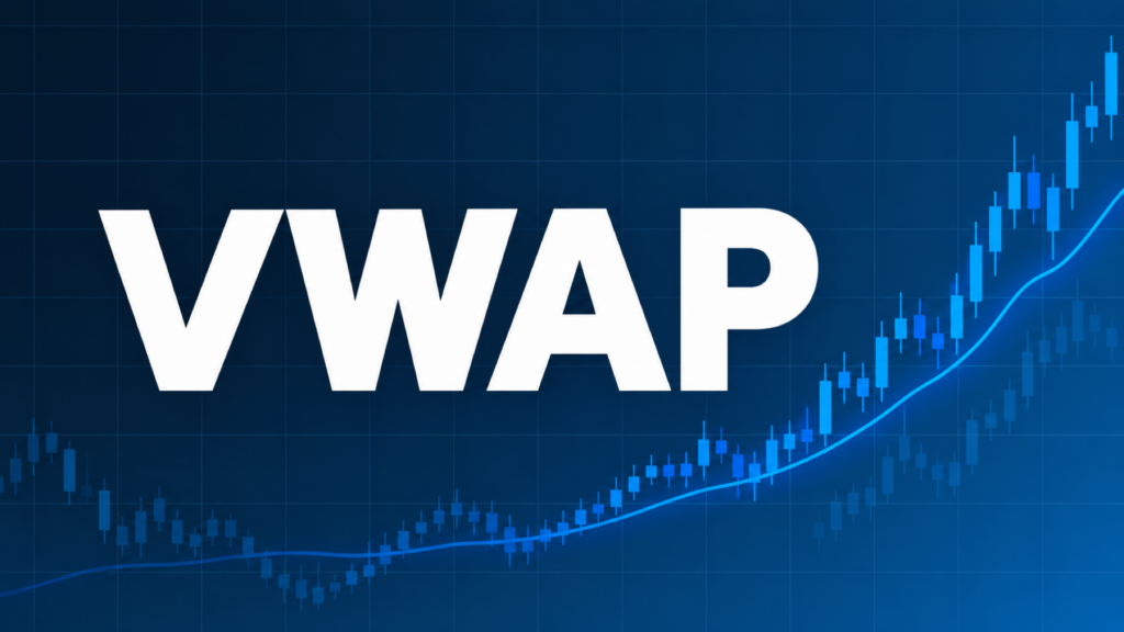 VWAP指標を解説する記事のアイキャッチ、ダークネイビー背景に「VWAP」の文字とブルーのグラフ装飾