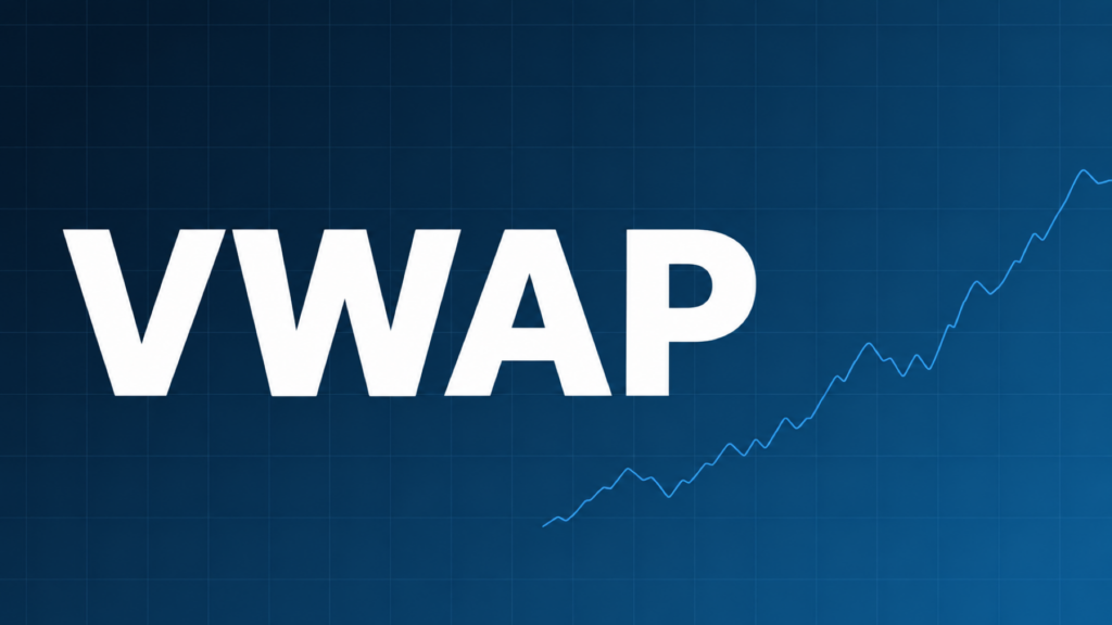 VWAP(出来高加重平均価格)を使ったエントリー判断を表す、ネイビー×ブルーの背景に白抜き文字とローソク足風の折れ線チャートをあしらったアイキャッチ画像