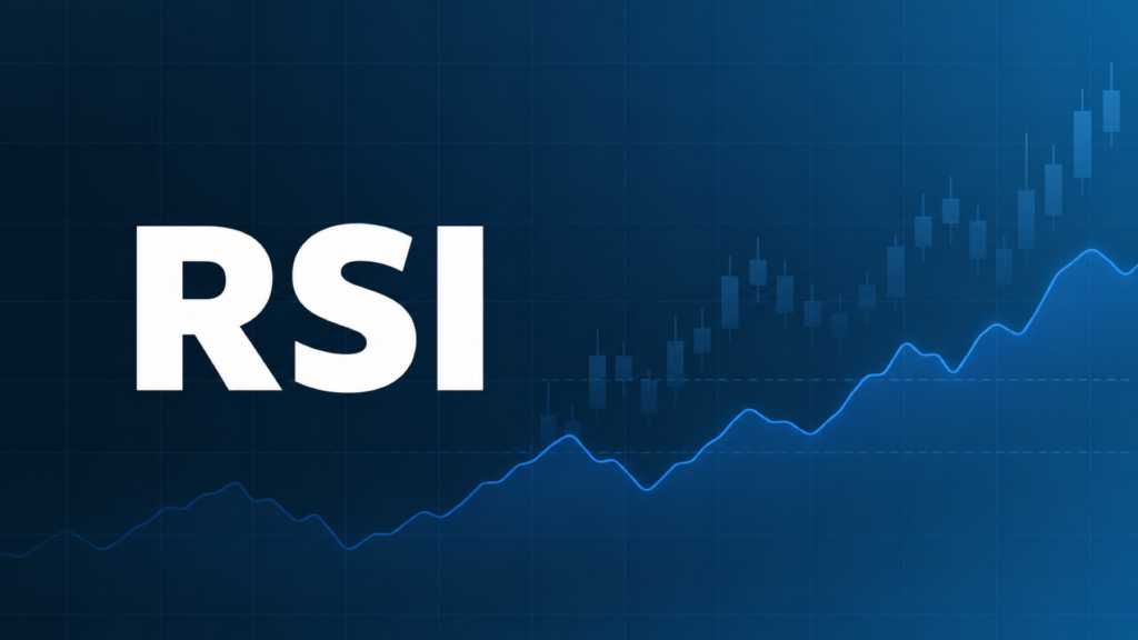 RSIの計算式・使い方を表すダークネイビーとブルーのグラフィック