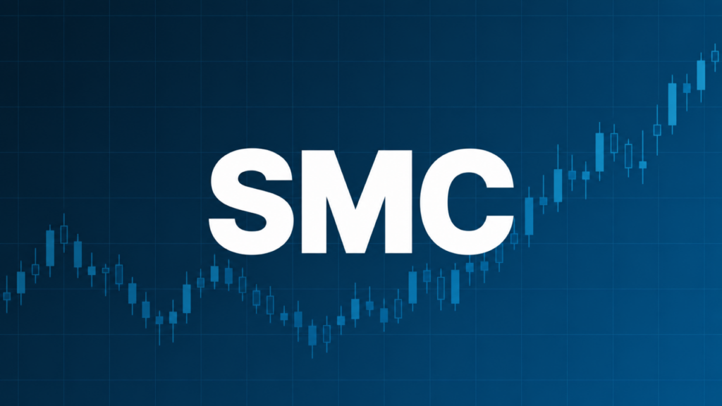 SMC（スマートマネーコンセプト）のインジケーターを表す、ネイビー×ブルーのグラデーション背景にSMCの文字とローソク足チャートのライン装飾