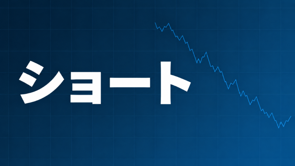 FXのショートポジション(売りから入る取引)を表す右肩下がりの折れ線グラフと「ショート」の文字