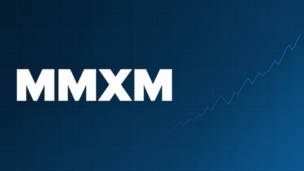 MMXM(Market Maker Model)を表すダークネイビー背景に白文字のアイキャッチ画像、右側に上昇する折れ線チャート